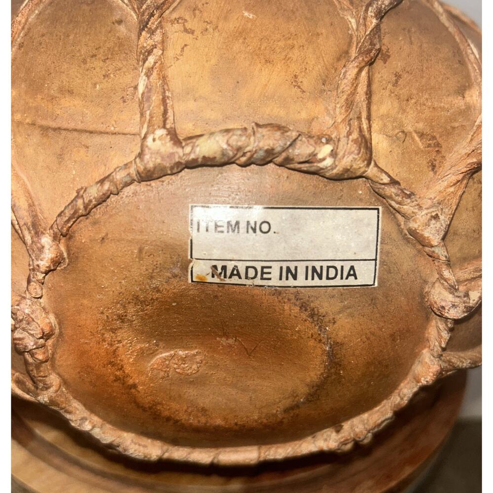 Vtg Metal & Leather Bound, Double Handled Jug, Made in India - Picture 10 of 10